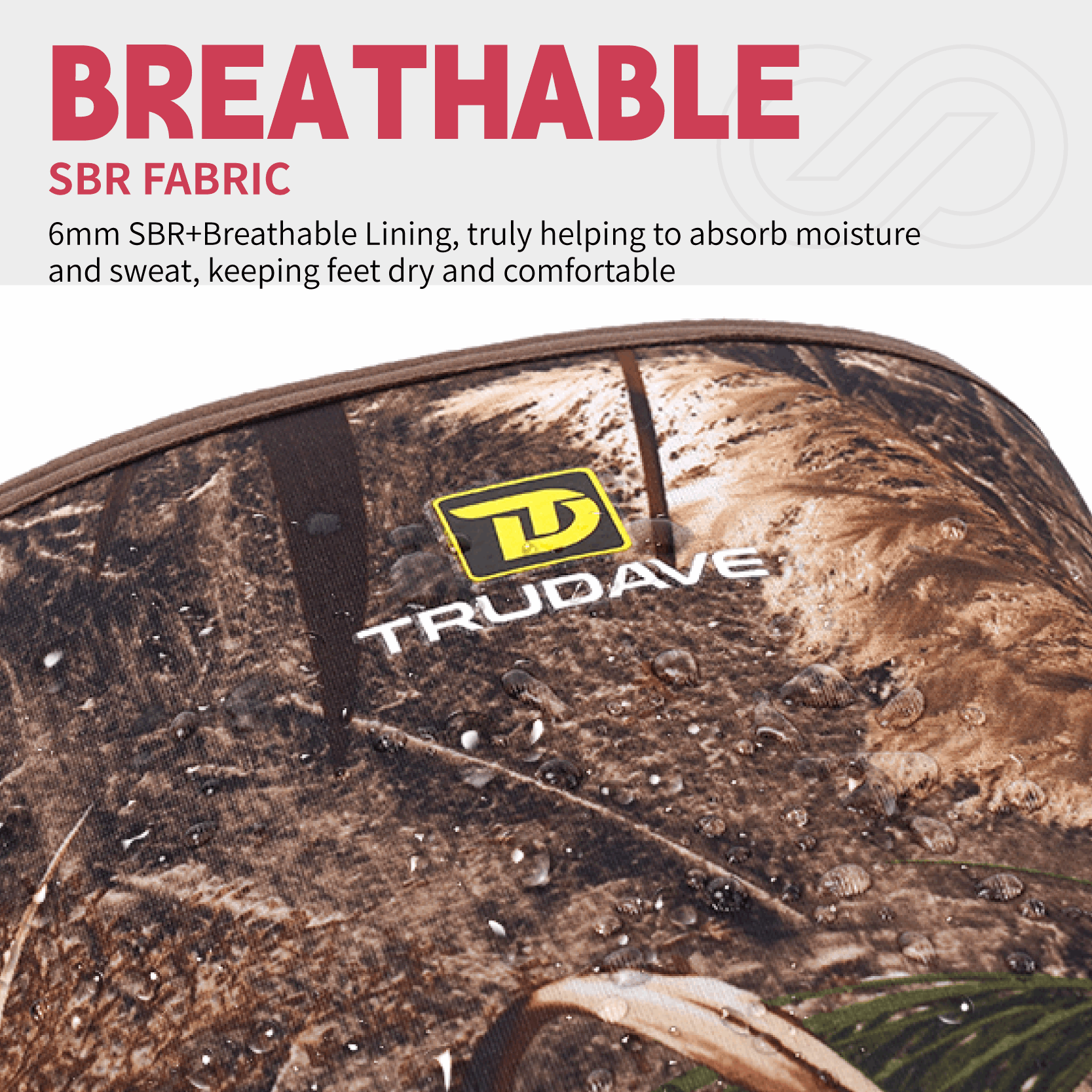 Close-up of Trudave logo on TrailMist Series waterproof neoprene muck boots – reed camo design highlighting waterproof performance and durable rubber construction for outdoor use